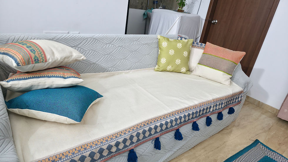 Thumbnail: Sofa Runner  | RangSaumya |Sofa Runner – Ivory with Blue Geometric Border