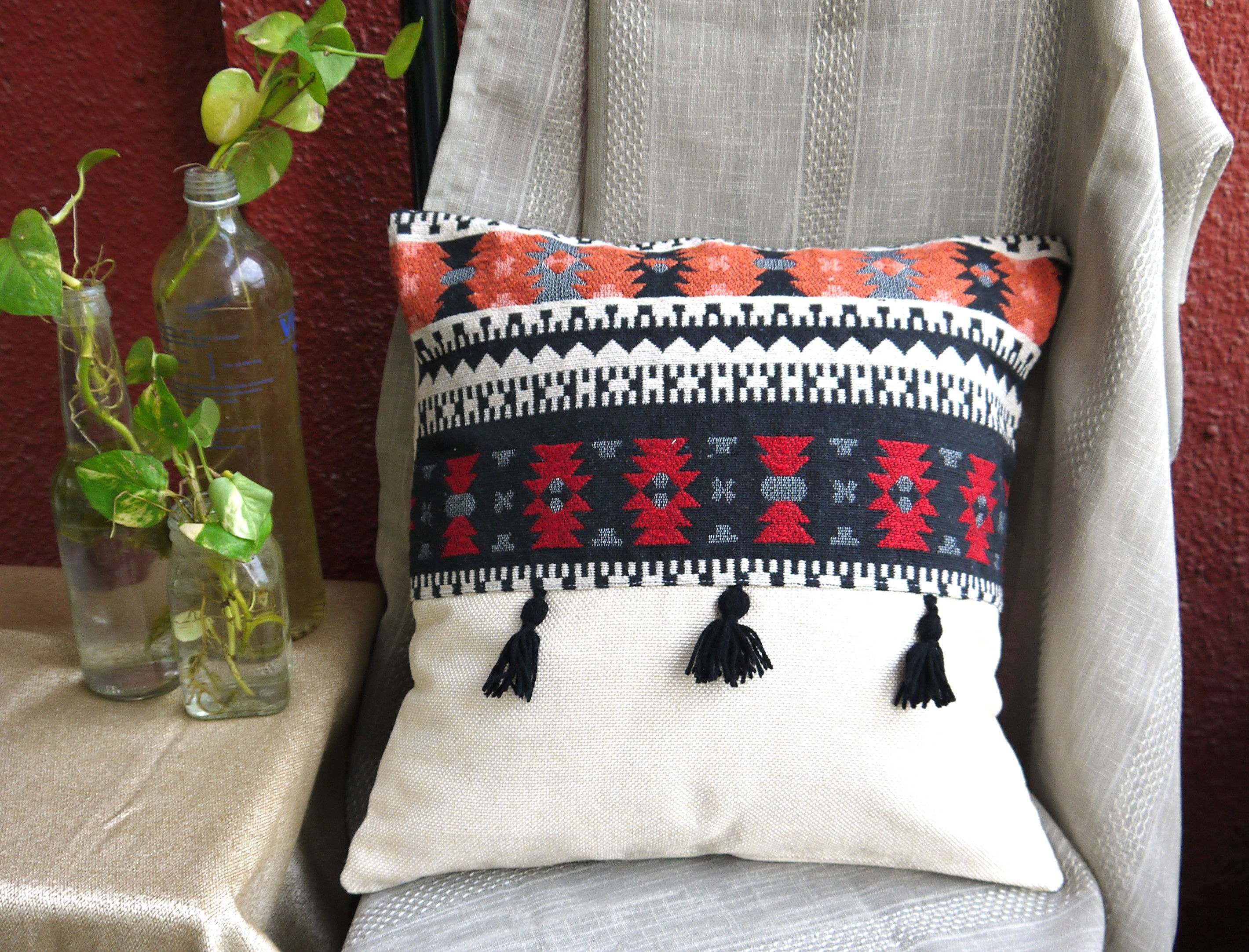 Designer Cotton Handloom Cushion Covers with Tussels - Offwhite Black and Red
