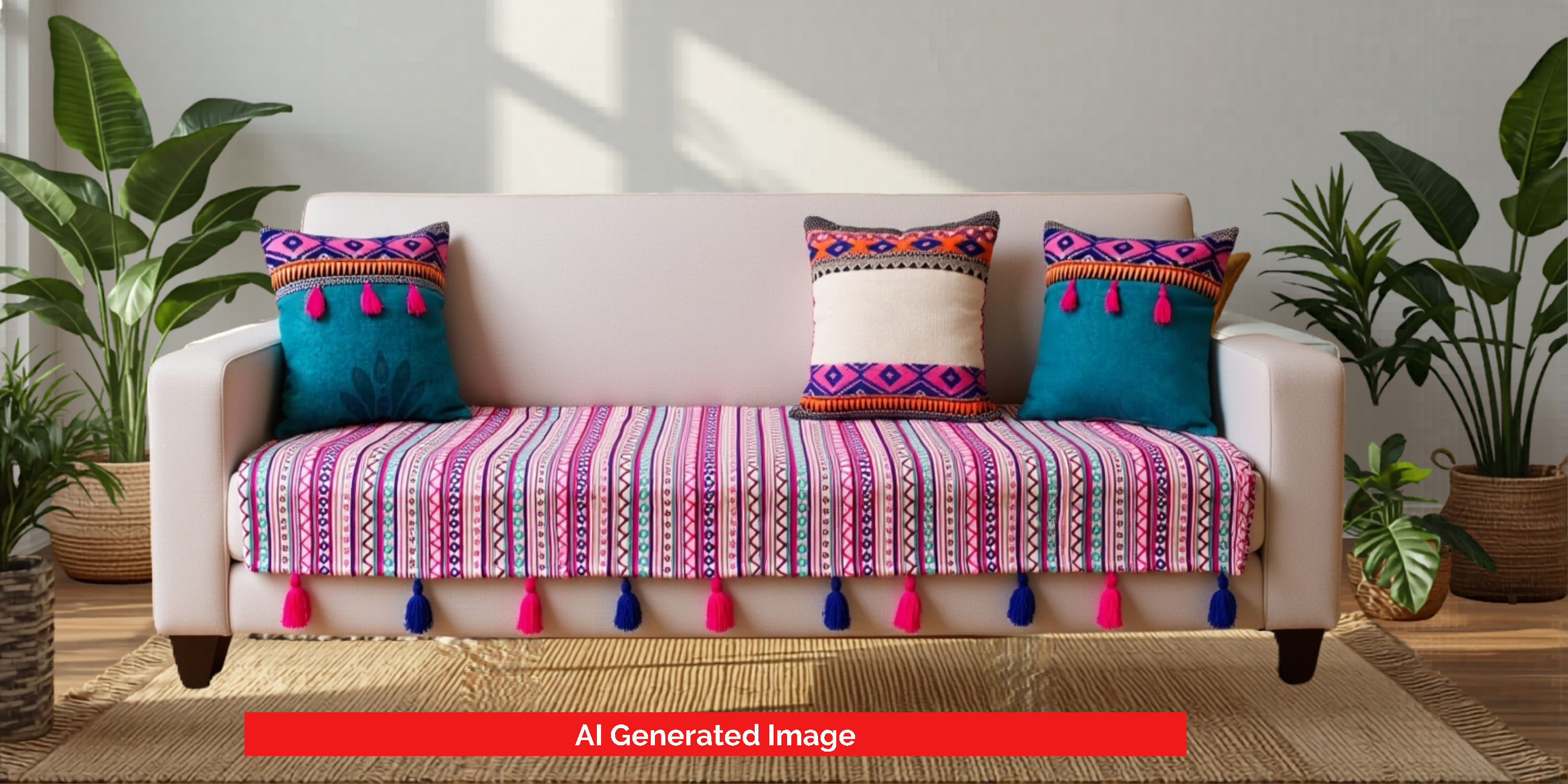 Jacquard Cotton Handloom Sofa Cover|Sofa Throw|Sofa Runner - White and Pink