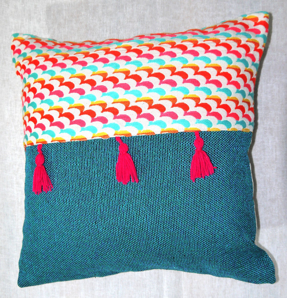 Thumbnail: Designer Cotton Handloom Cushion Covers with Tussels - Blue white multicolor