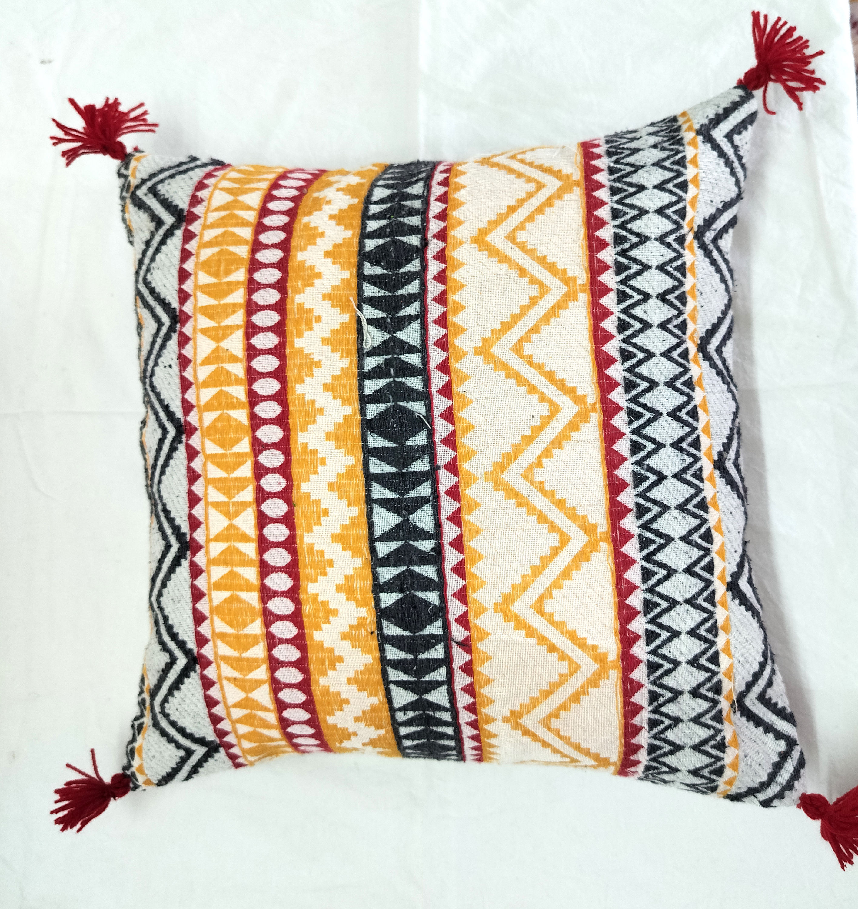 Designer Cotton Handloom Cushion Covers - Offwhite Base Grey Yellow Red Tussels