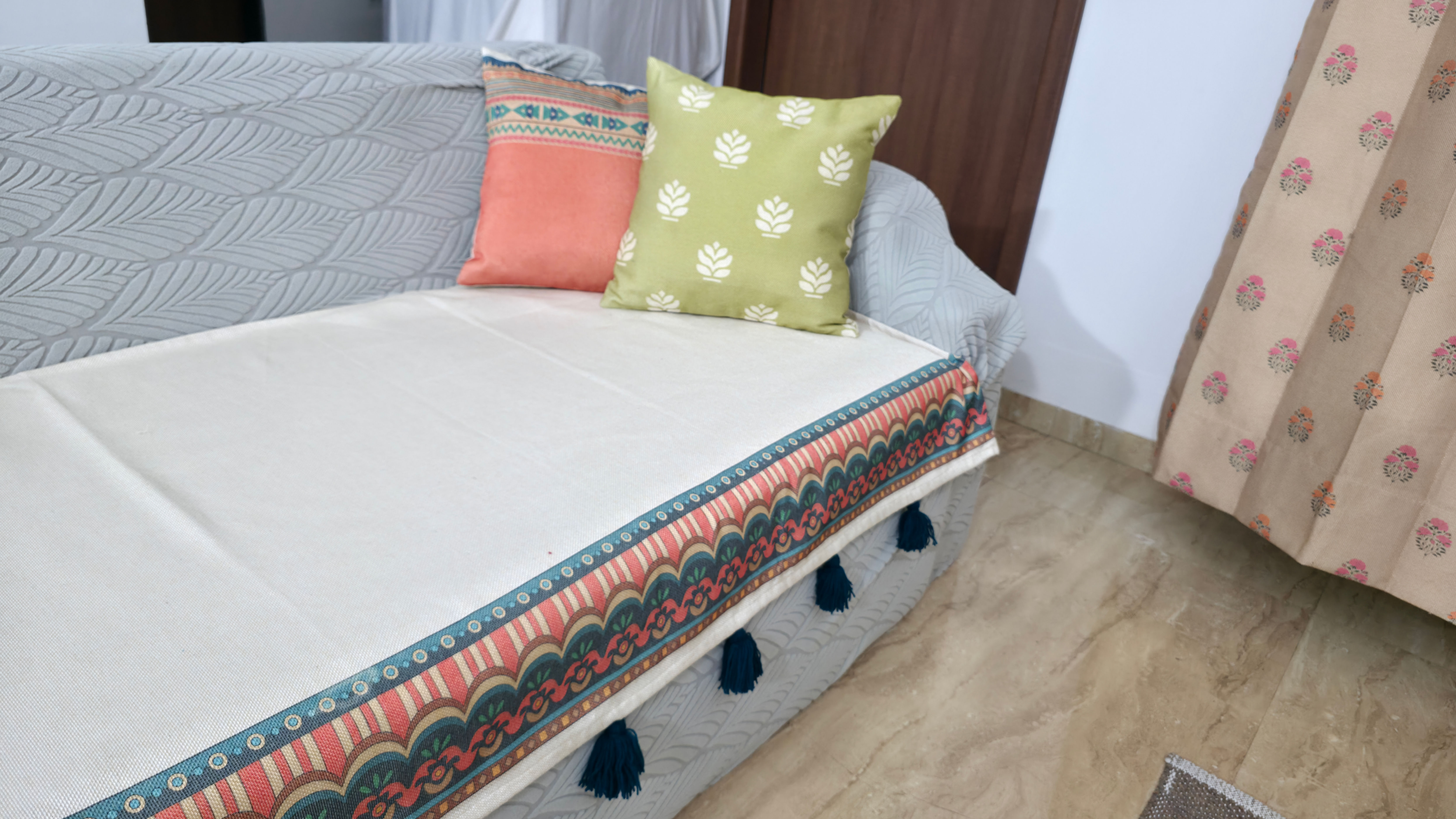 Sofa Runner  | RangSaumya | Ivory with Multicolour Traditional Border |
