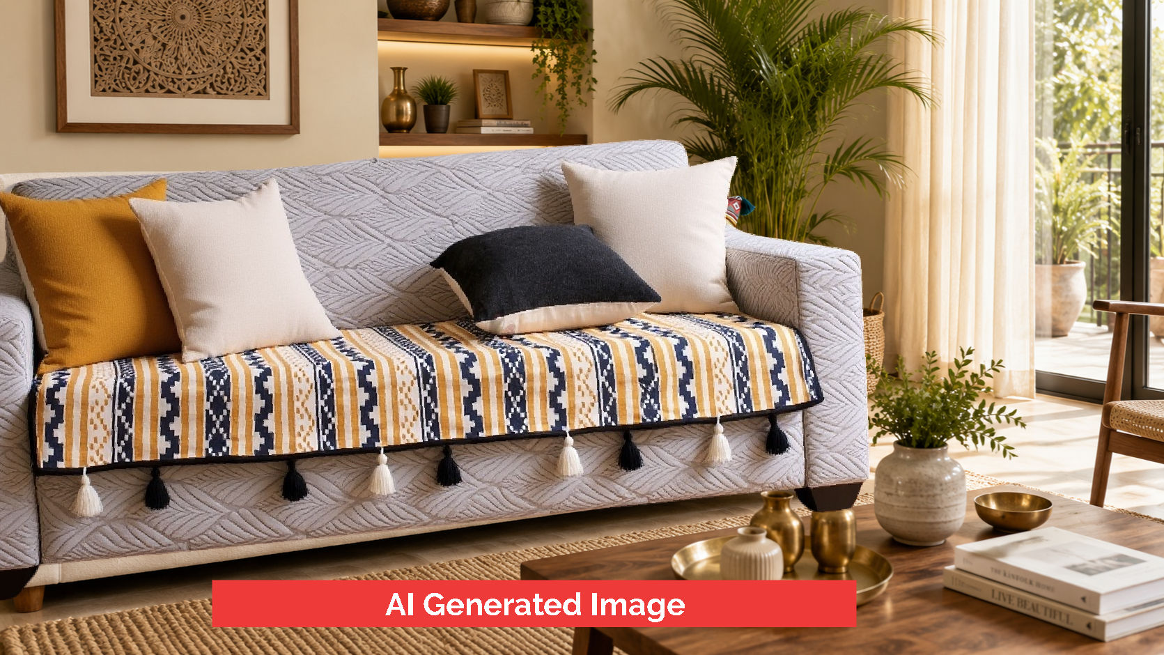 Jacquard Cotton Handloom Sofa Cover|Sofa Throw|Sofa Runner - Off White - Yellow
