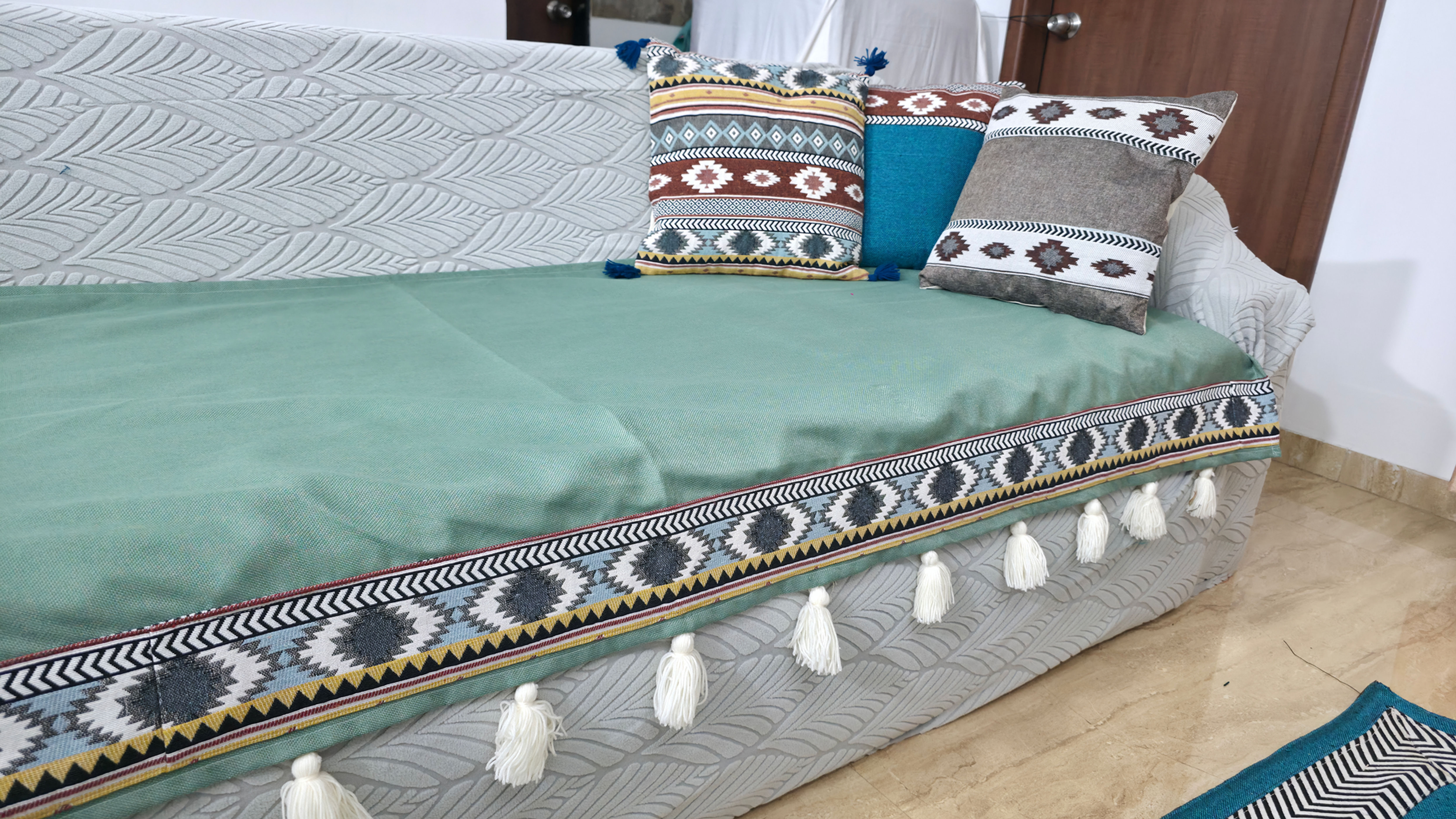Sofa Runner  | RangSaumya | Sofa Runner – Sage Green withGeometric Tribal Border