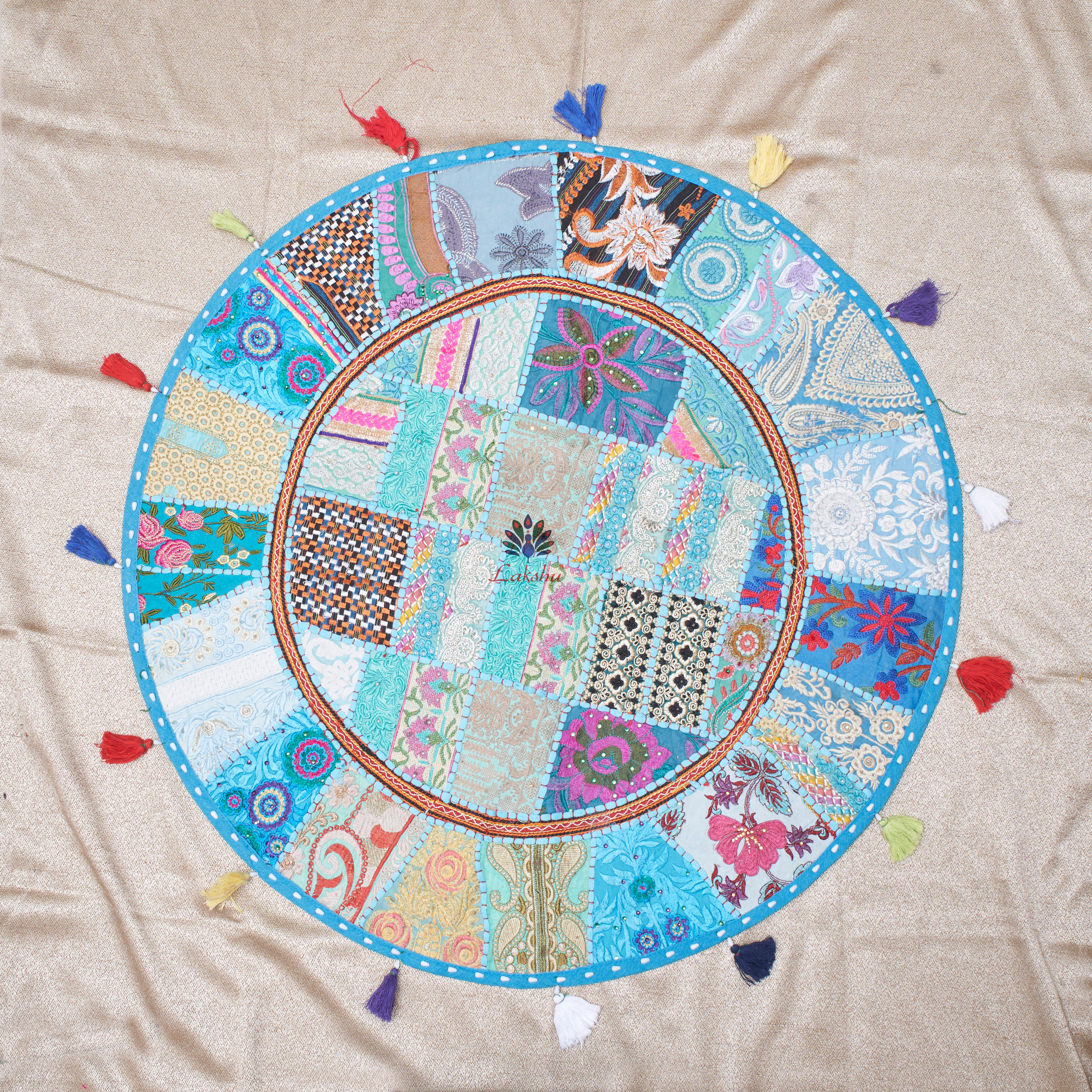 Kambadia Work Round Cushion Covers/Wall Hanging/Decorative - Sky Blue -32 inch