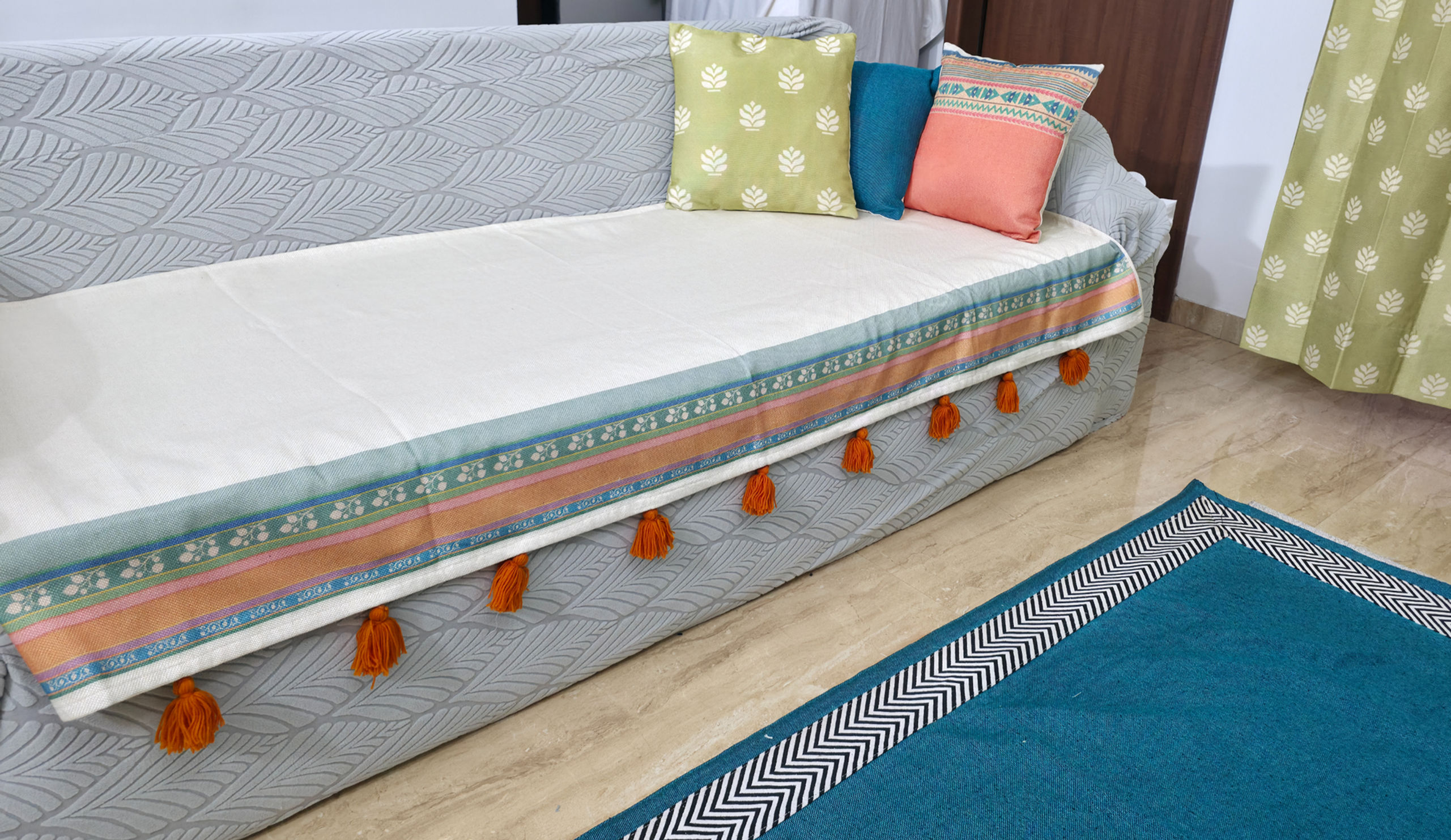 Sofa Runner  | RangSaumya | Sofa Runner – Ivory with Multicolour Border & Orange
