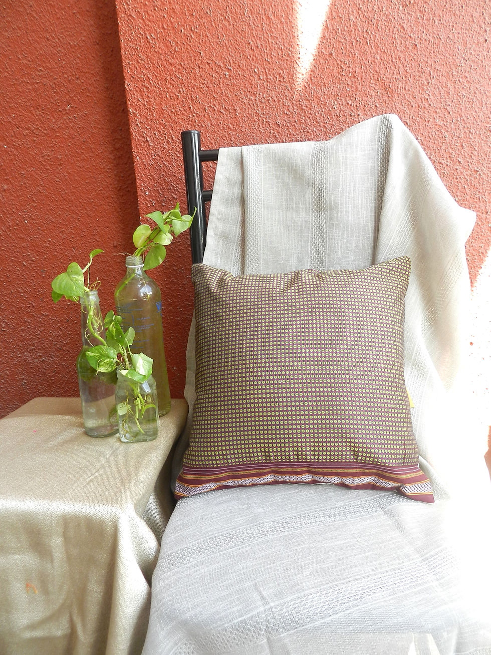 Thumbnail: Designer Khun Cushion Covers - Olive Green Red Brown and Silver border - Round