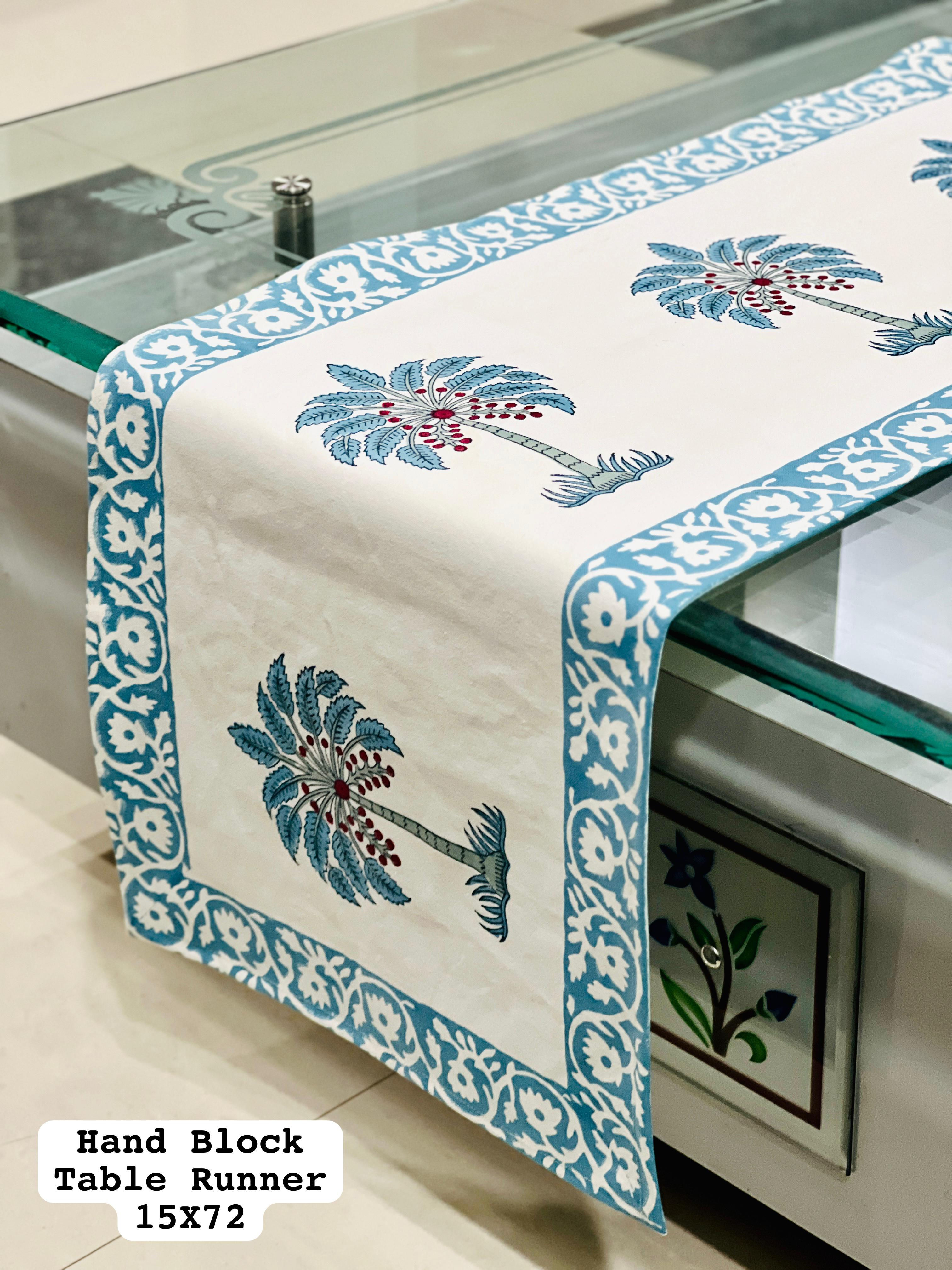 Hand Block Printed Cotton Table Runner – Blue Tree Motif (15x72 inches)