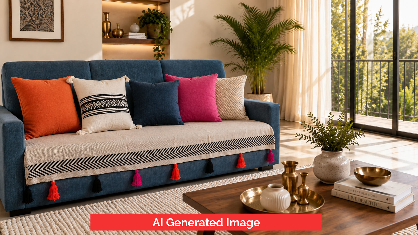 Jute Sofa Cover|Sofa Throw|Sofa Runner with Tassel - Offwhite B&W border