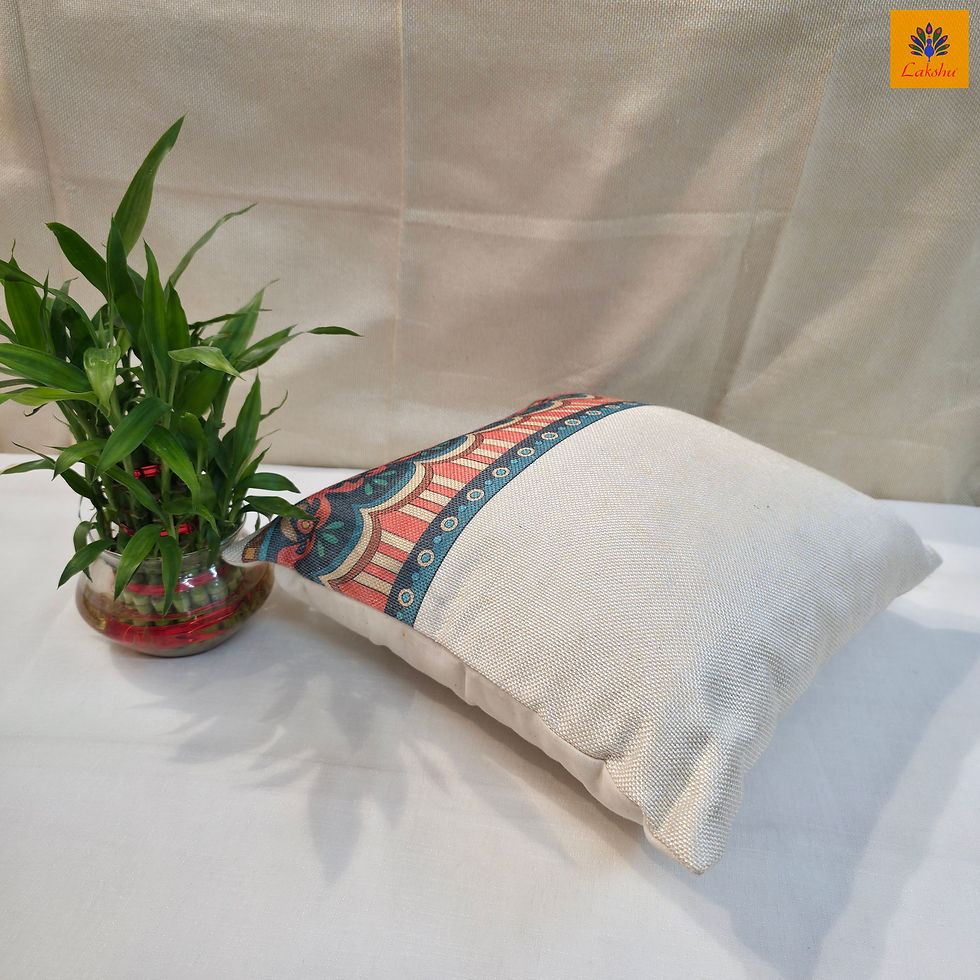 Thumbnail: Cushion Cover |  RangSaumya |  Ethnic Border – Ivory Coral Blue & Teal Pattern