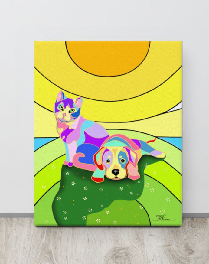 Thumbnail: Canvas "WALK IN THE PARK" CAT & DOG - Golden Heart Collection