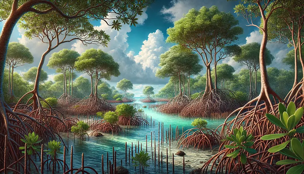 A coastal mangrove wetland with dense, salt-tolerant trees and shrubs growing in intertidal zones. The trees have characteristic root systems extending into the water. The background features a tropical setting with clear blue water and a partly cloudy sky, resembling the Sundarbans in India and Bangladesh and the mangrove forests of the Florida Keys.