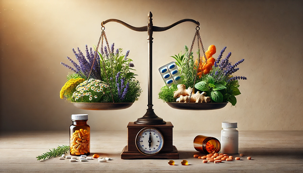 A realistic image of a balance scale with herbs on one side and a pill bottle on the other, representing the choice between herbal and conventional medicine. The herbal side features vibrant herbs like lavender, chamomile, and ginger, arranged naturally. The other side holds a pill bottle filled with capsules. The scale is perfectly balanced, illustrating the decision between natural and pharmaceutical treatments. The background is softly lit with a warm, neutral color palette, emphasizing the health and choice theme.