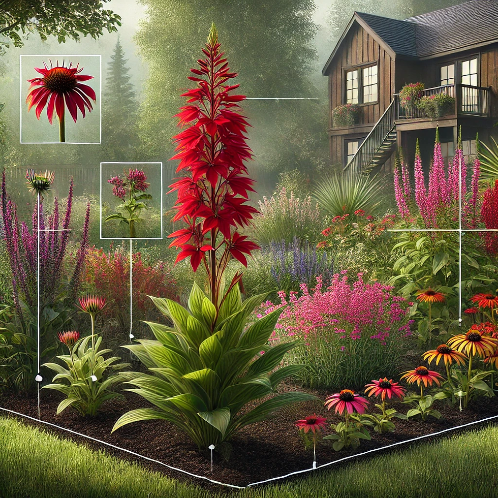 A realistic garden scene featuring Lobelia cardinalis with tall, red flowers in the foreground, paired with complementary plants such as Echinacea purpurea (Purple Coneflower) with purple blooms and Rudbeckia hirta (Black-eyed Susan) with yellow flowers. The image demonstrates the principles of selecting companion plants based on similar growing conditions, complementary forms, and varied bloom times, showcasing a layered and visually appealing garden design.