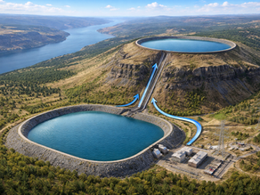 Closed loop pumped hydro system with two elevated reservoirs connected by pipes that circulate water.