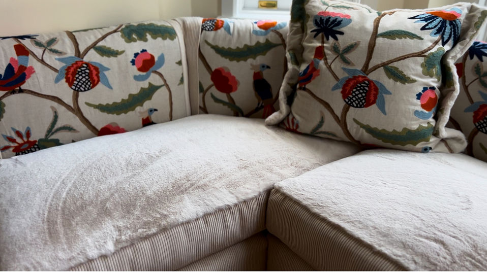 Bespoke built window sofa, Maxwell Siberia Rabbit, Fabricut Camu Crewel, Charlotte Parchment