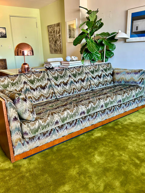 Milo Baughman Case Sofa, Schumacher FlameStitch Velvet