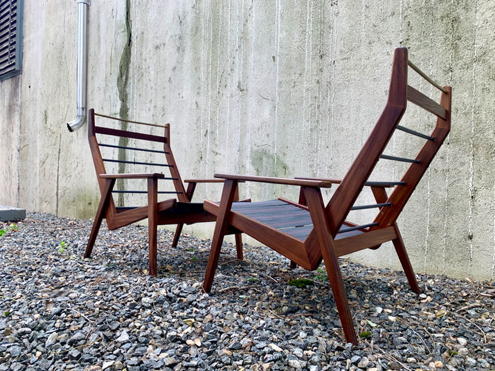 Rob Parry Lotus Chairs fully restored with new heat shrink tubing over back springs, clipped webbing and polished frame with wax finish