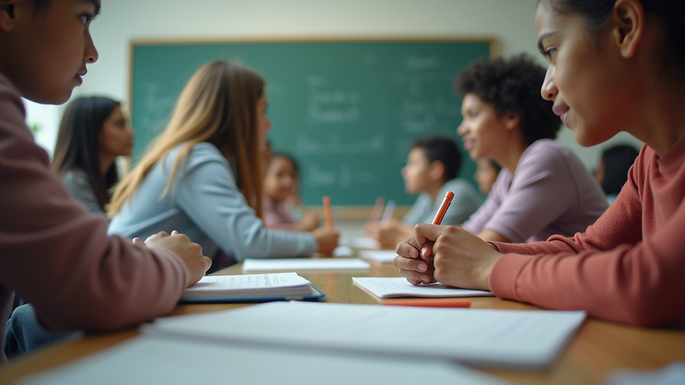 Eye-level view of a classroom with diverse students engaged in learning