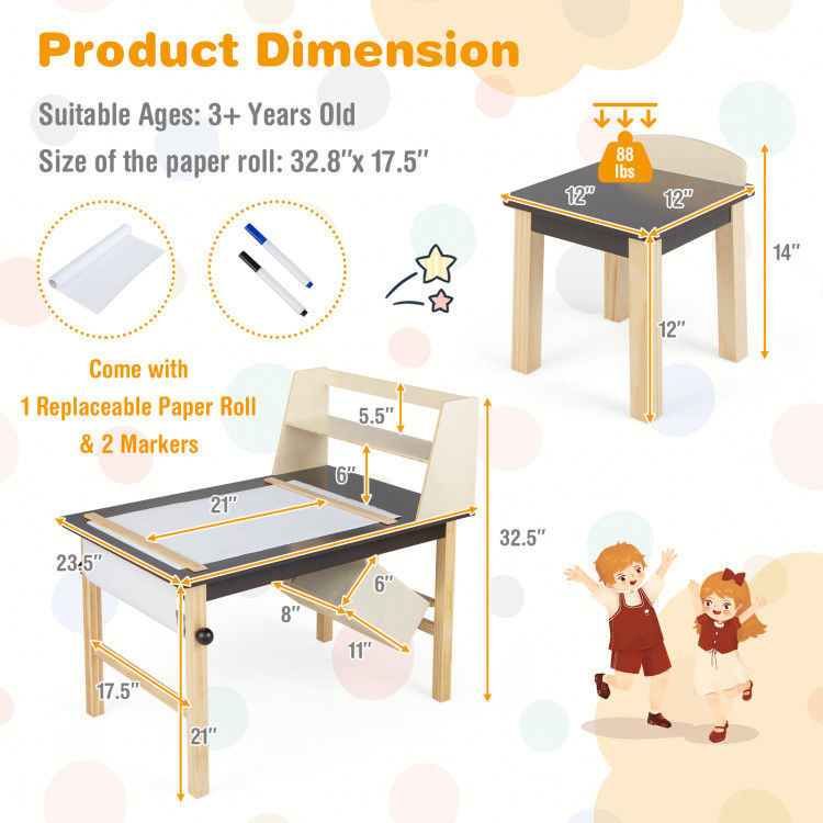 Thumbnail: Kids Art Table and Chairs Set with Paper Roll and Storage Bins-Coffee