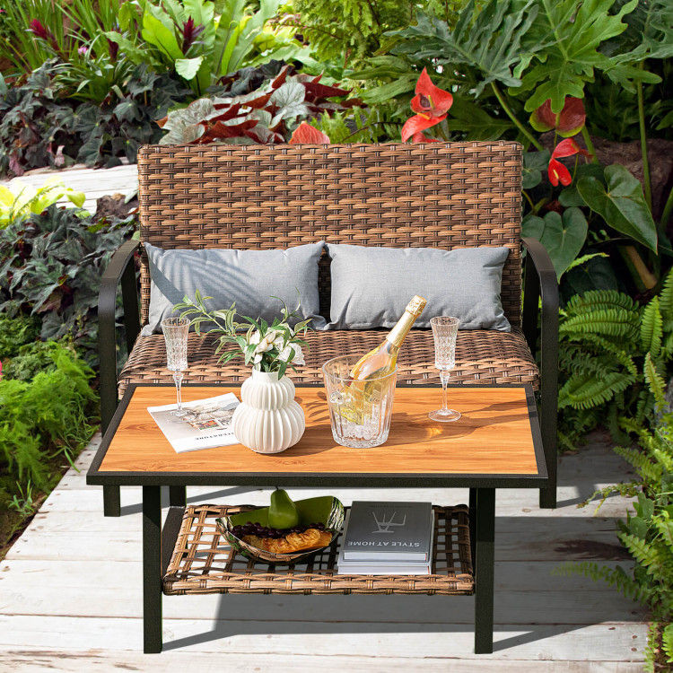 Thumbnail: 2 Pieces Patio Rattan Coffee Table Set with Shelf