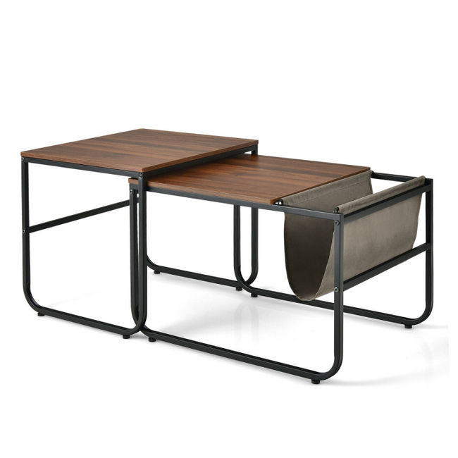 Set of 2 Nesting Coffee Table with Magazine Holder- Rustic Brown