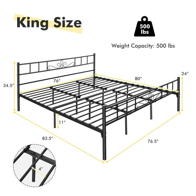 Thumbnail: Metal Platform Bed Frame with Headboard Footboard Mattress Support-King Size