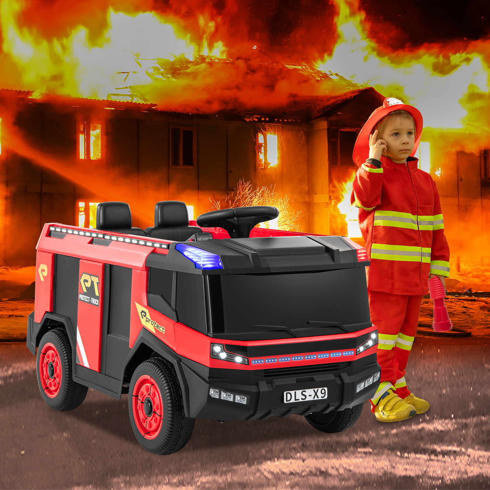 12V Fire Truck Ride on for Kids with Water Spray and Remote Control
