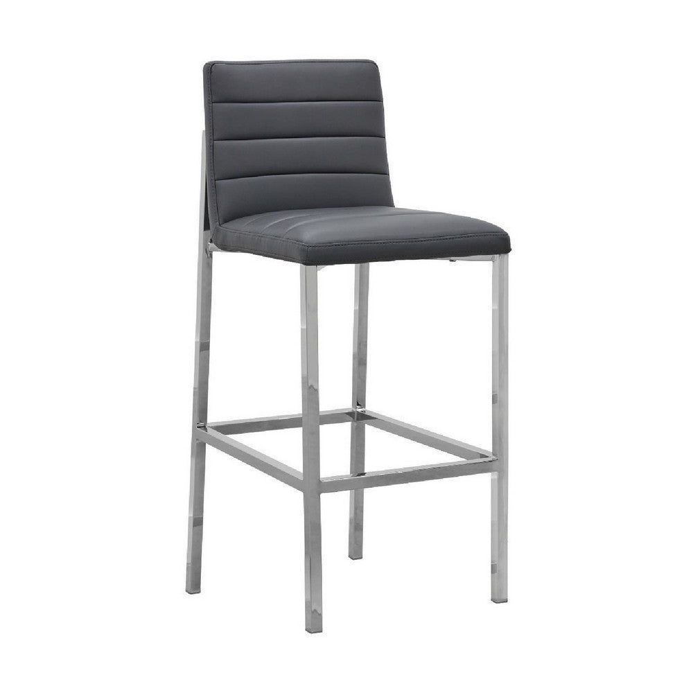 Eun 30 Inch Faux Leather Channel Barstool, Chrome, Set of 2, Dark Gray