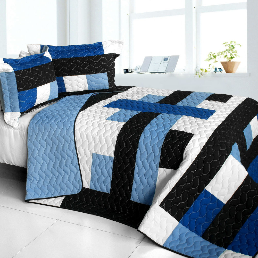 Blue Ryhthm 3PC Vermicelli - Quilted Patchwork Quilt Set (Full/Queen Size)