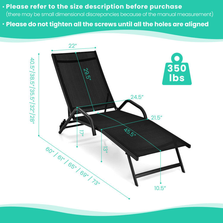 Thumbnail: 2 Pieces Outdoor Chaise Lounge with 5-Position Adjustable Backrest-Black