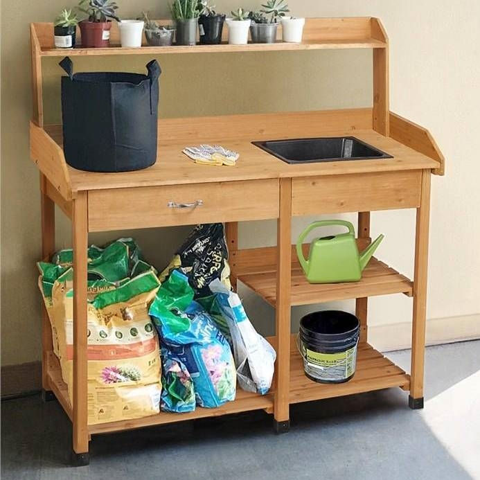 Thumbnail: Outdoor Garden Wood Potting Bench Work Table with Sink in Light Oak Finish