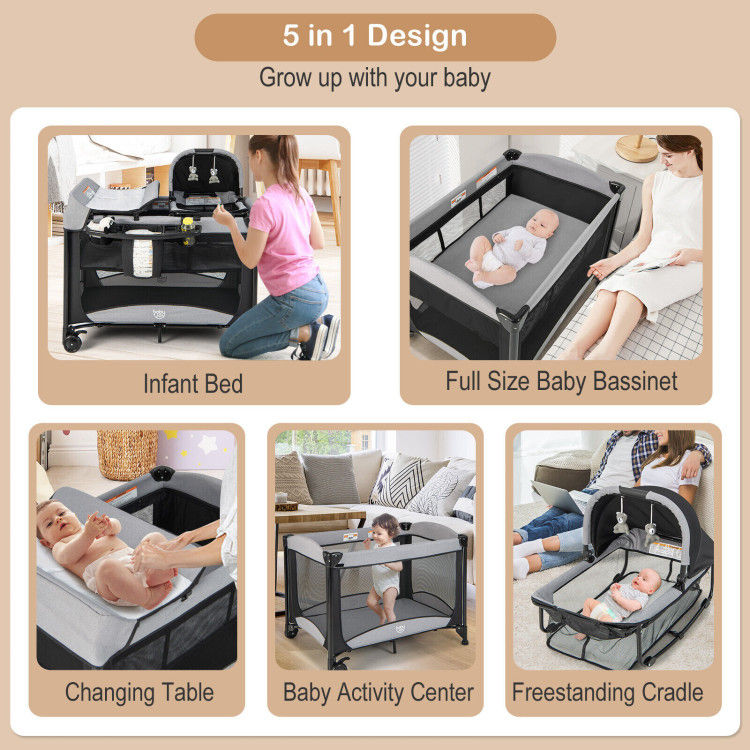 Thumbnail: 5-in-1 Portable Baby Playard with Cradle and Storage Basket-Black