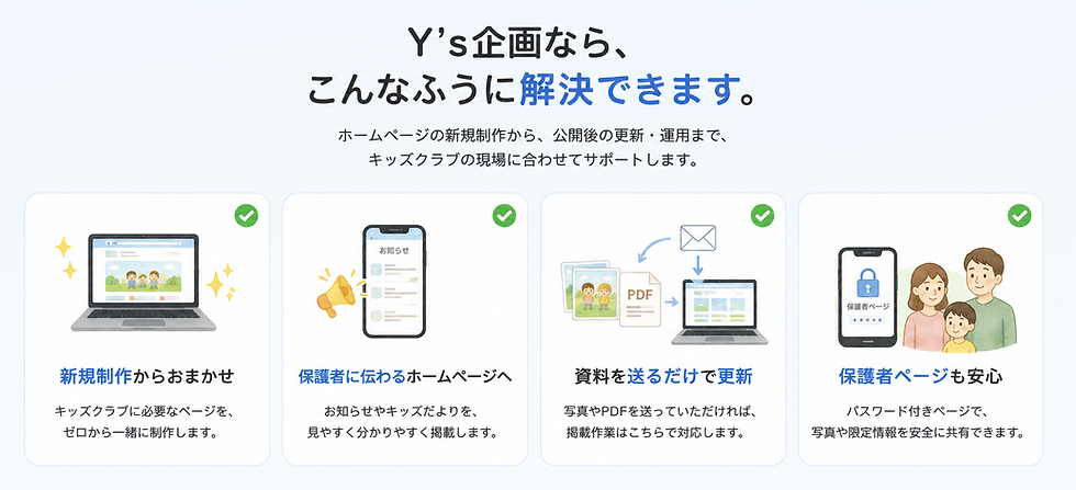 Y's企画のホームページ制作・更新代行・保護者ページなどのサービス内容を紹介するイラスト