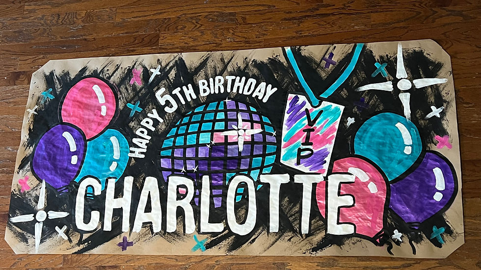 Hand painted disco themed birthday banner with disco ball, colorful balloons, VIP pass detail, and b
