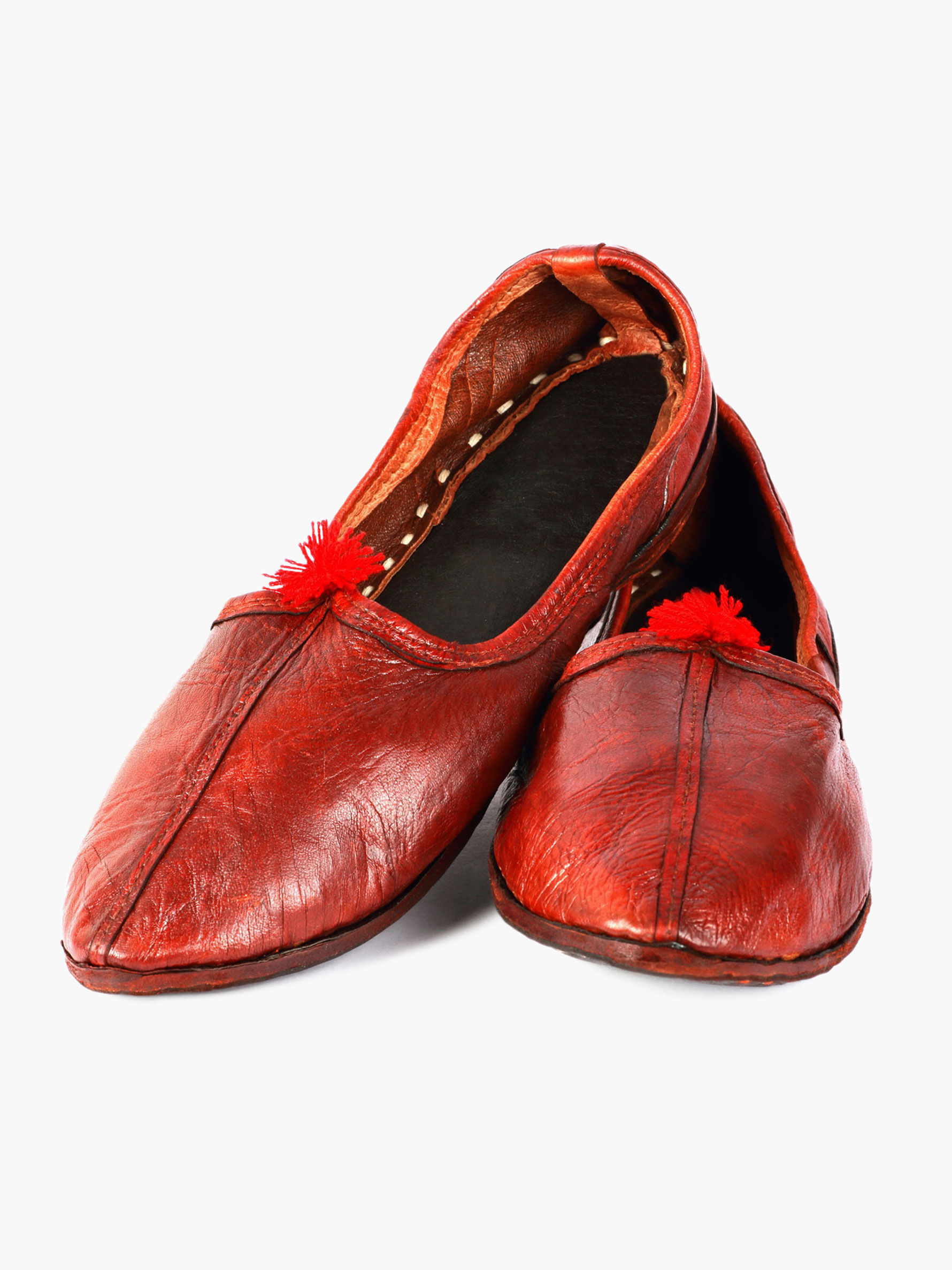 Hand-stitched MahYogan Juties with Pom Poms, in Pure Leather