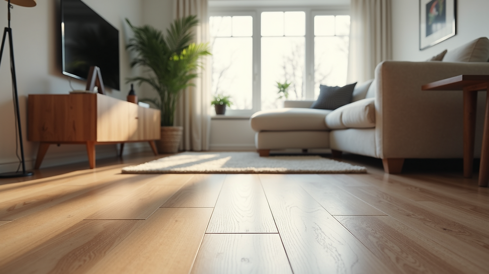 Eye-level view of a stylish living room featuring vinyl click flooring