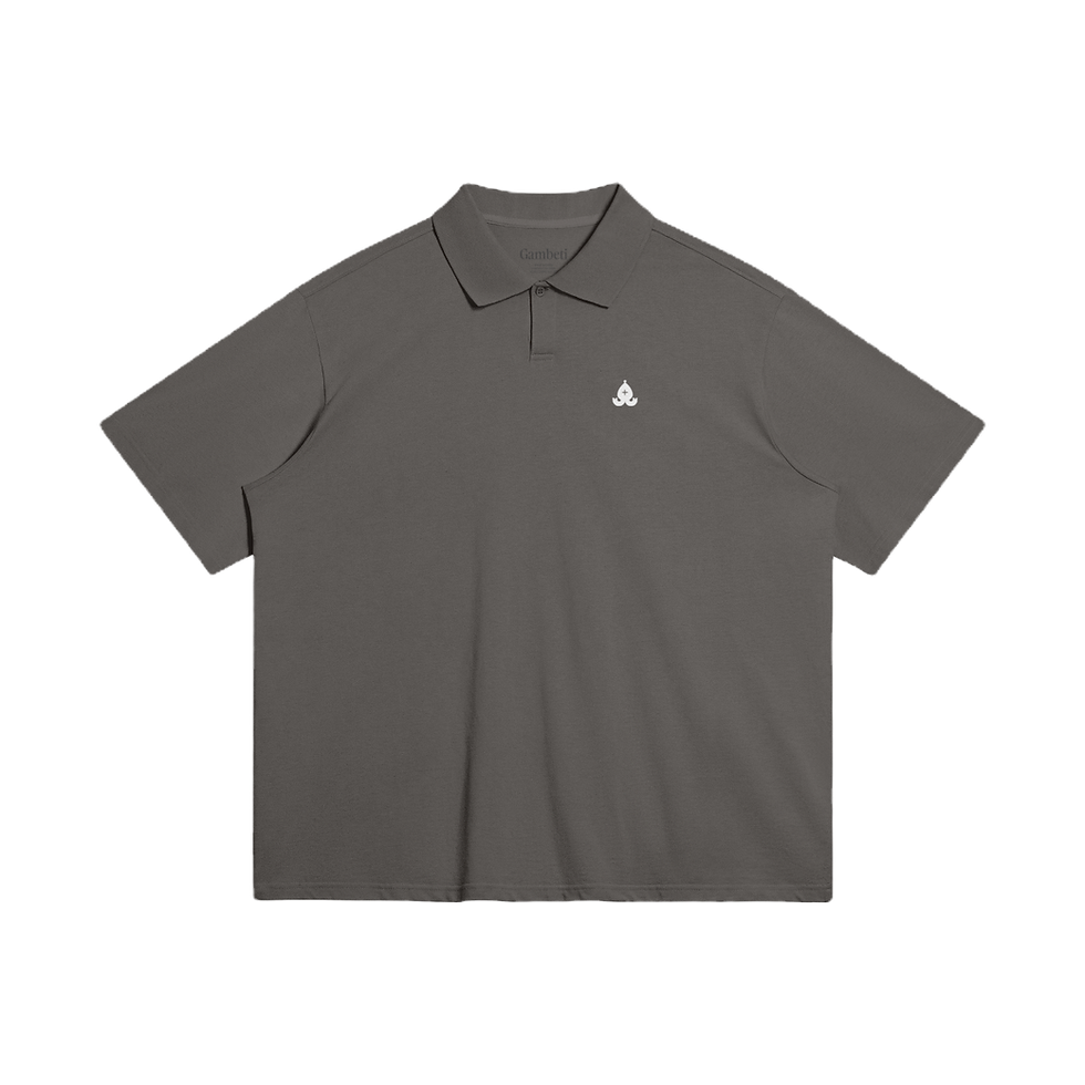 Gray polo shirt with embroidered white bishop chess piece.