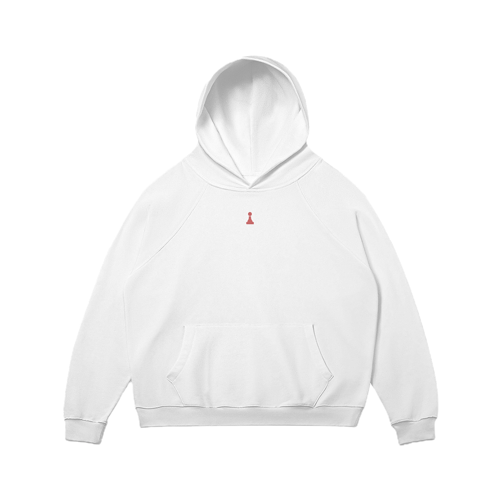 White hoodie with embroidered red pawn chess piece. 
