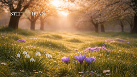Golden spring meadow at sunrise with blooming crocuses and snowdrops, symbolizing healing, renewal, and the quiet promise of the spring equinox.