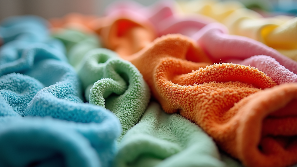 Eye-level view of a pile of colorful towels with visible stitching