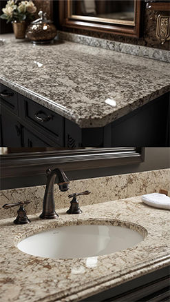 Banyoda granit tezgah ve lavabo detayları.