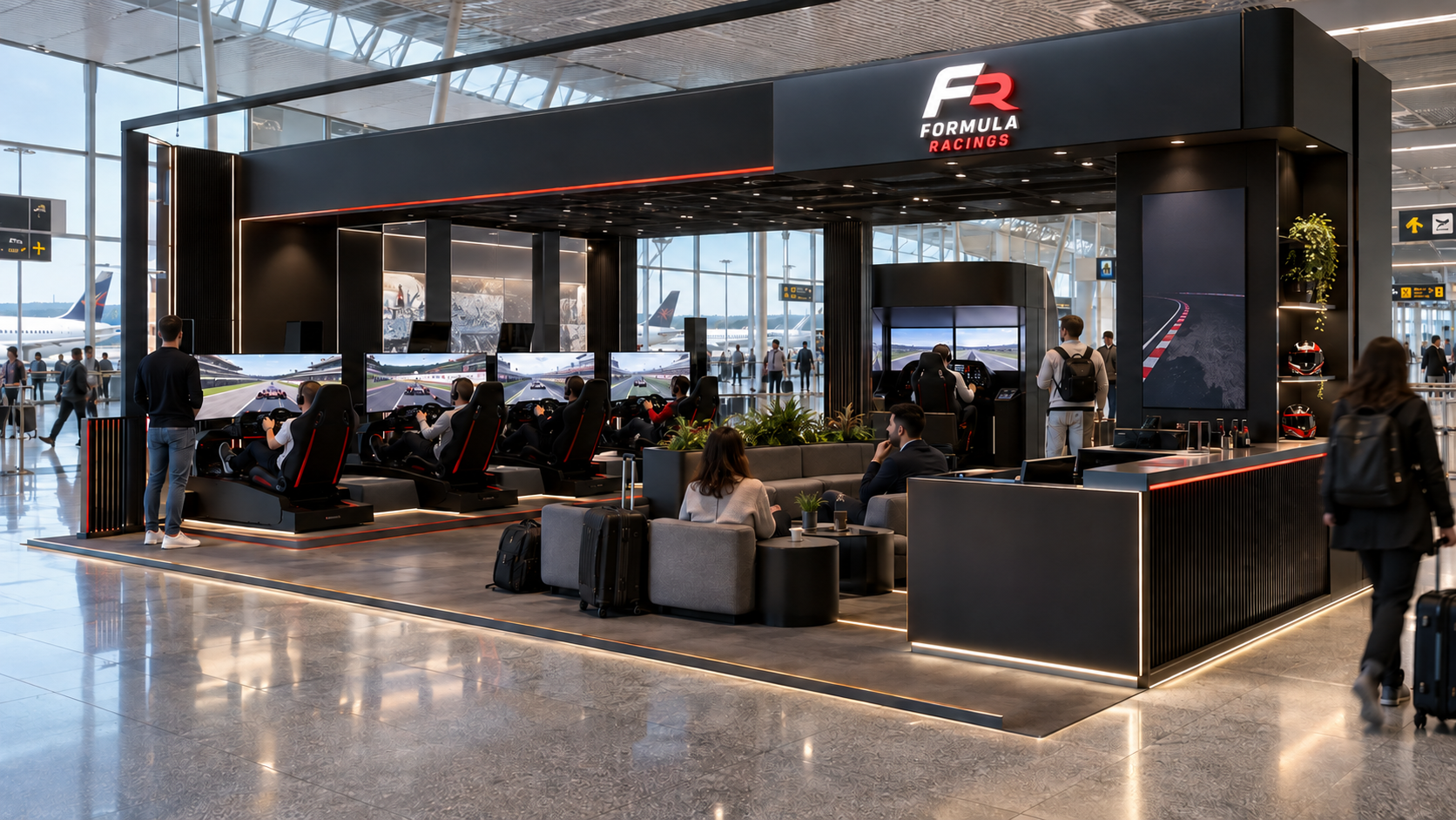 Visualización conceptual Experience Lounge de Formula Racings con rótulo integrado