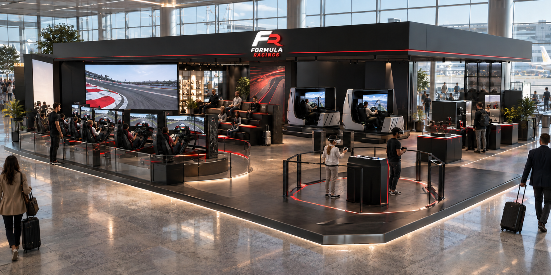 Visualización conceptual Immersive Hub de Formula Racings con rótulo integrado