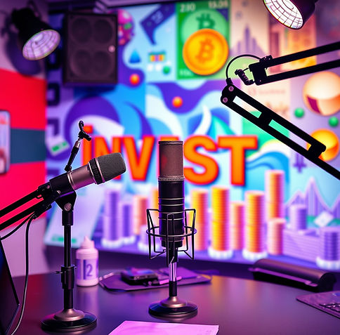 Create a colourful, dynamic, podcast studio with microphones etc image with investment ima