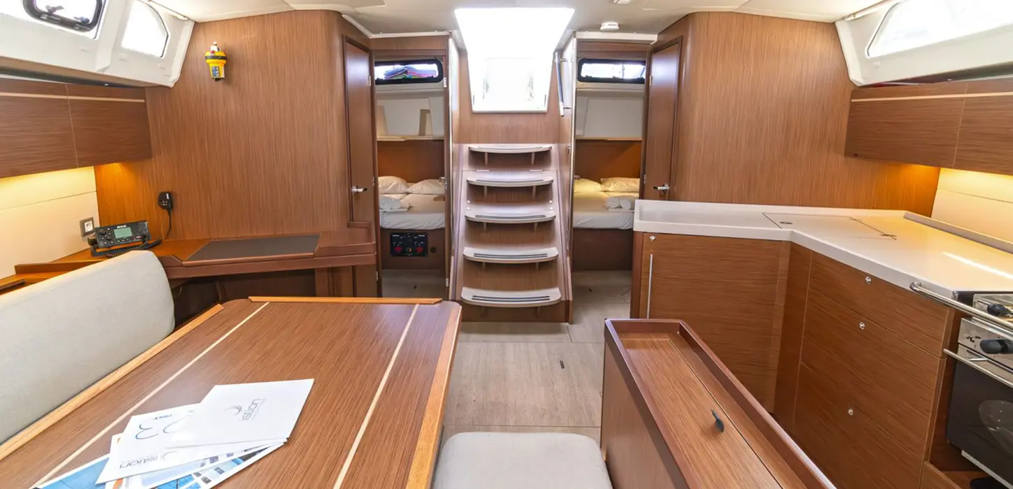 View from forward cabins to companionway in Beneteau Oceanis 46.1 saloon, Docking Drills training.