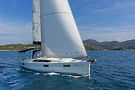 Aerial side view of a Beneteau Oceanis 41.1 monohull sailing under full sail, balanced and responsive
