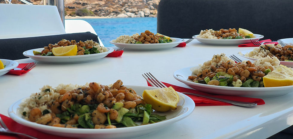 Fresh shrimp with rice, spinach and avocado salad, lemon slice served on Family Holiday trip, blue Aegean Sea and peaceful anchorage in background.