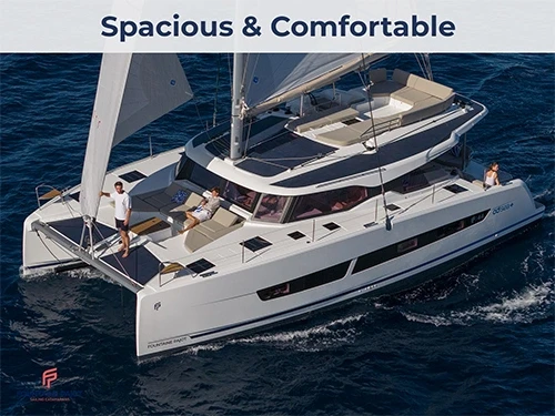 Aerial side view of a Fontaine Pajot 44 catamaran under sail, showcasing its elegant lines and spacious deck.