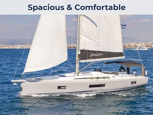 Aerial side view of a Beneteau Oceanis 51.1 monohull sailing fast with white sails against the Aegean Sea.